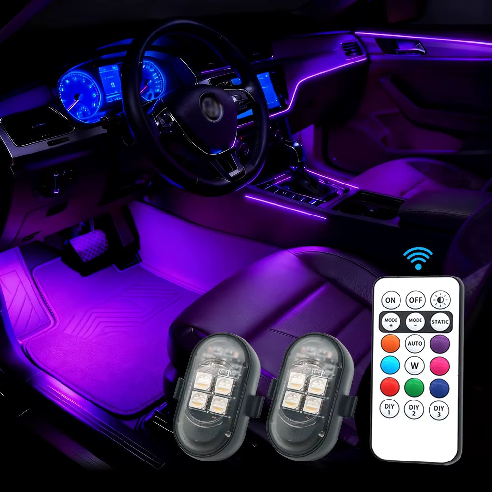 RGB Car Interior Lights with Wireless Remote, Larger Battery & Brighter LED, Type-C Fast Charging, Multi-Mode for Motorcycle