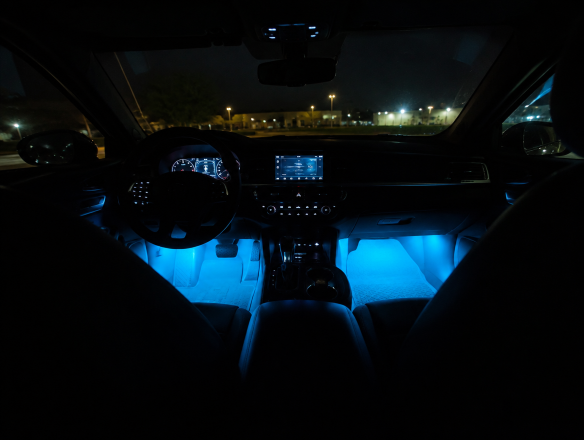 Interiér auta s modrým RGB LED osvětlením